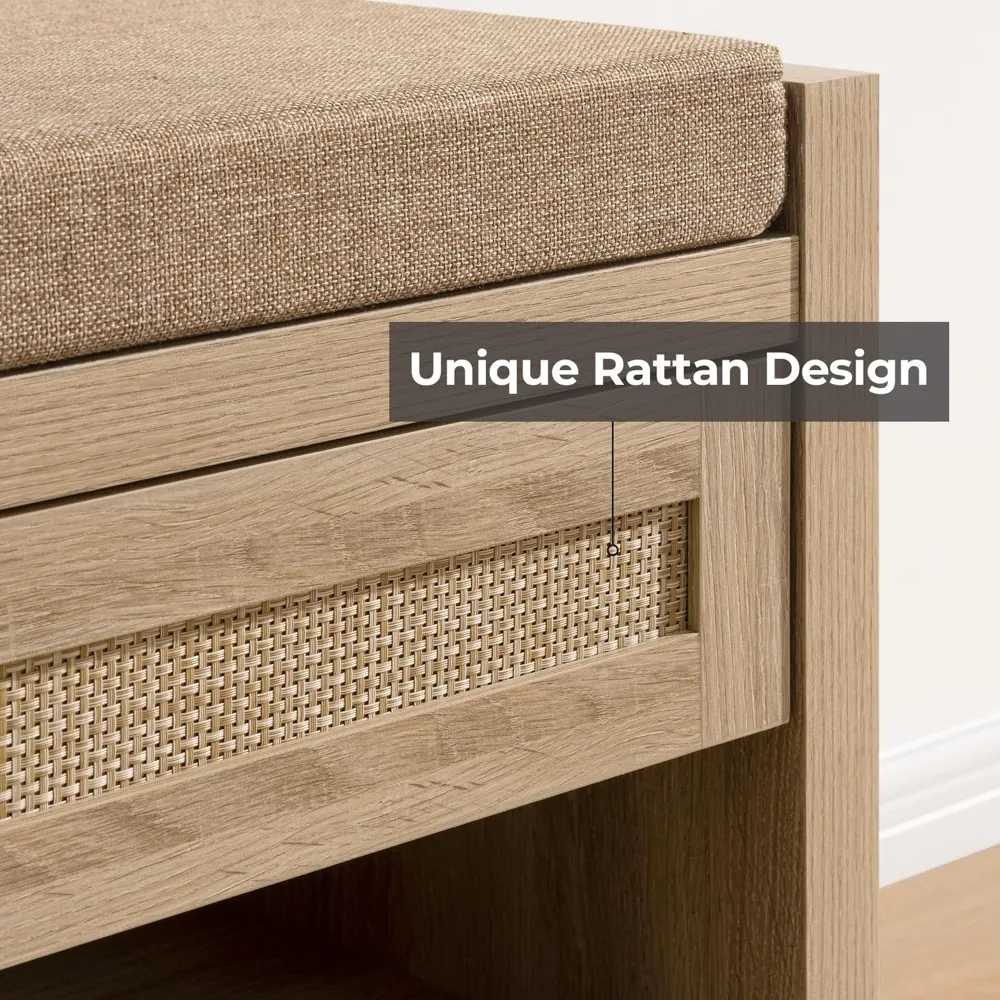 Rattan Shoe Bench Entryway Bench with Storage Drawer and Linen Seat Cushion, Farmhouse Boho Shoe Rack Bench