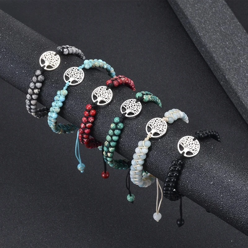 Pulsera de cuentas de piedra Natural de 6mm, pulseras bohemias de Chakra del árbol de la vida, pulsera trenzada hecha a mano con cuentas de cristal en capas para mujer