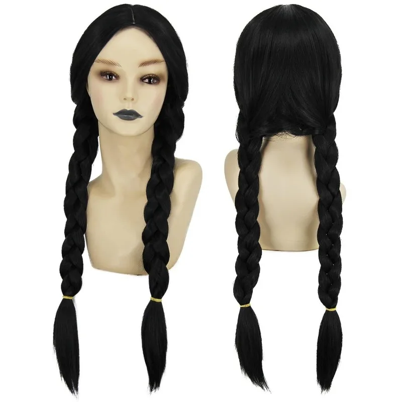 Peluca de Cosplay de mamá de la familia Addams, pelo largo negro de seda de alta temperatura, máscara de Halloween, bola, uso diario, cubierta de peluca