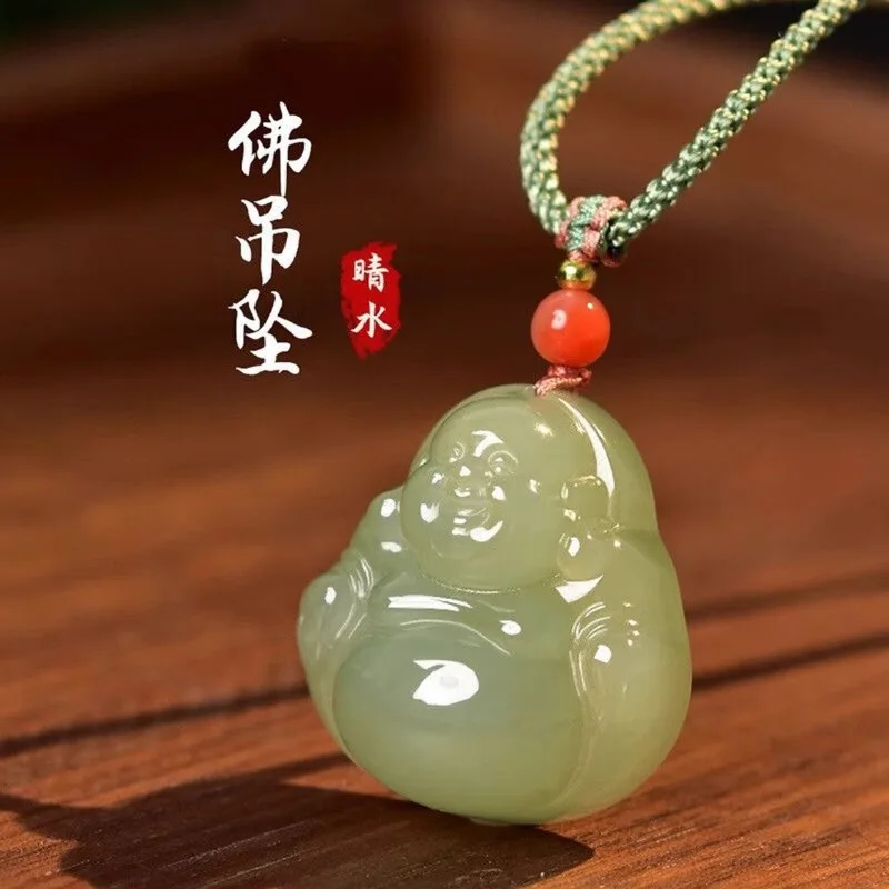 Xinjiang Hotan for Women, Natural Jadeite, Translucent Laughing Maitreya Buddha Jade Pendant Necklace