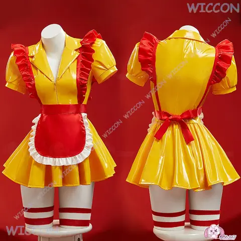 MC-ropa de Cosplay Doujin Donald para mujer, delantal de camarera de PU Original, uniformes amarillos, ropa Sexy para fiesta de Halloween