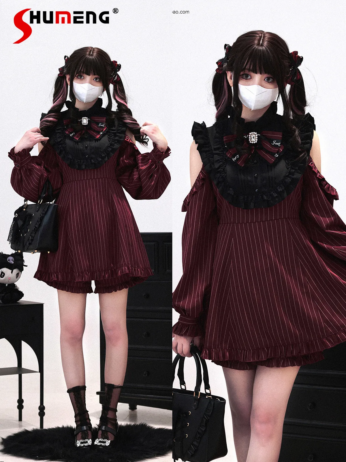 

Original Japanese Style Mass-Produced Off-Shoulder Detachable Long Sleeve Ruffle Bow Dress and Shorts Two-Piece Set for Women