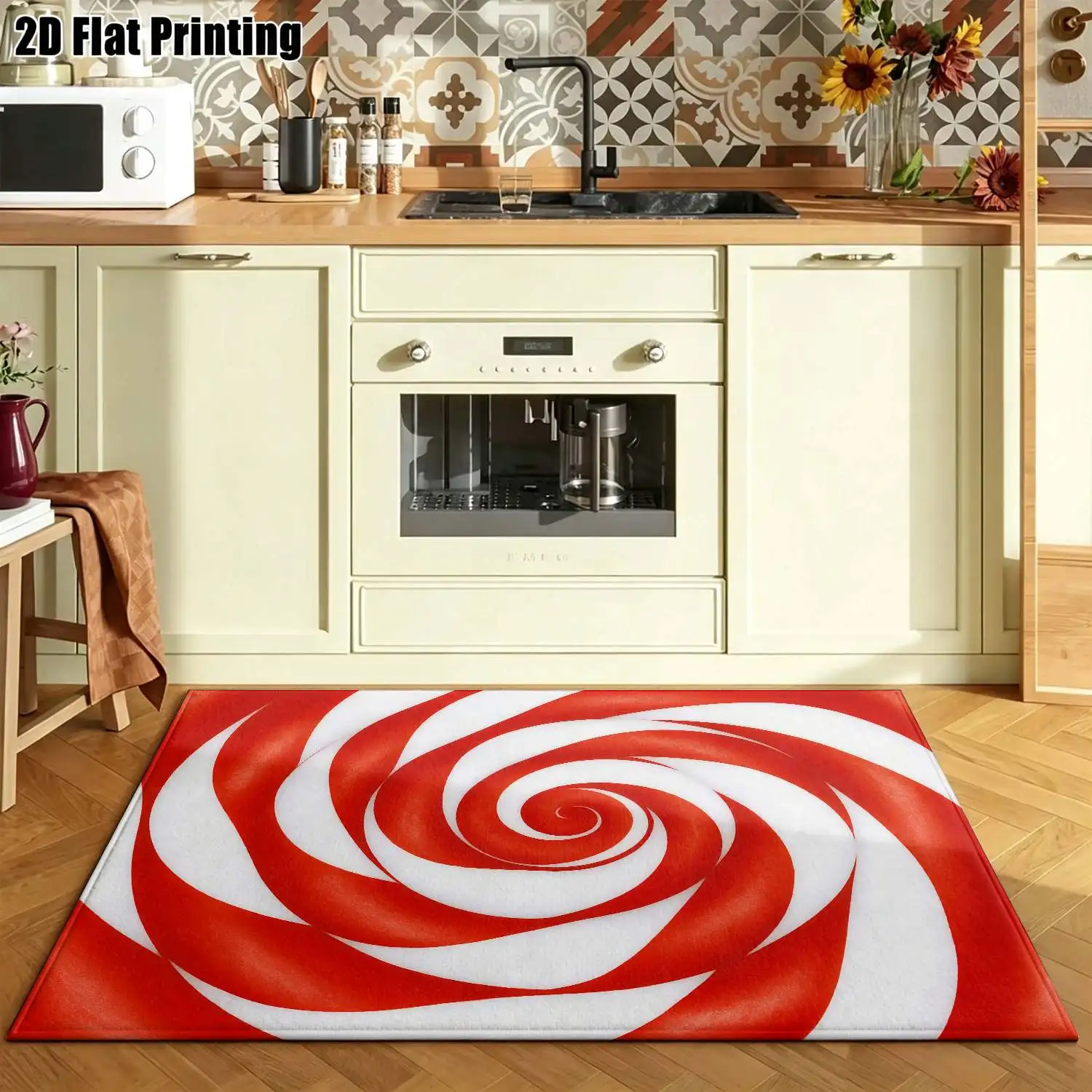 1Pc 2D Printed Red White Spiral Stripe Carpet, Modern Simple Nordic/Instagram Style, Machine Washable, Multi-Size, for Entrance, Dining, Bedroom, Living Room Decor