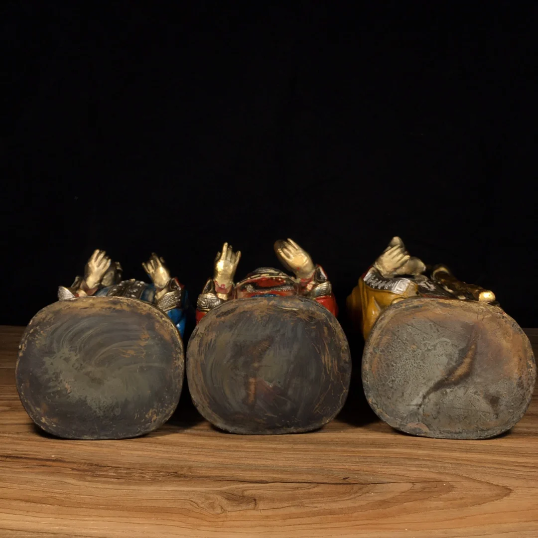 

13"Old Xizang Folk Collection Old Bronze Painted Fu Lu Shou Three Immortals God of wealth Longevity god A set Worship Hall