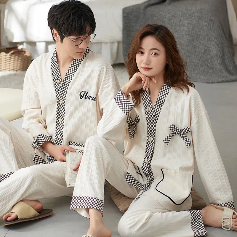 Autumn Spring Cotton Nightwear For Couple Men\'s Pajamas Set Women\'s Sleepwear Male Female Home Suit Pjs V Neck Home Service