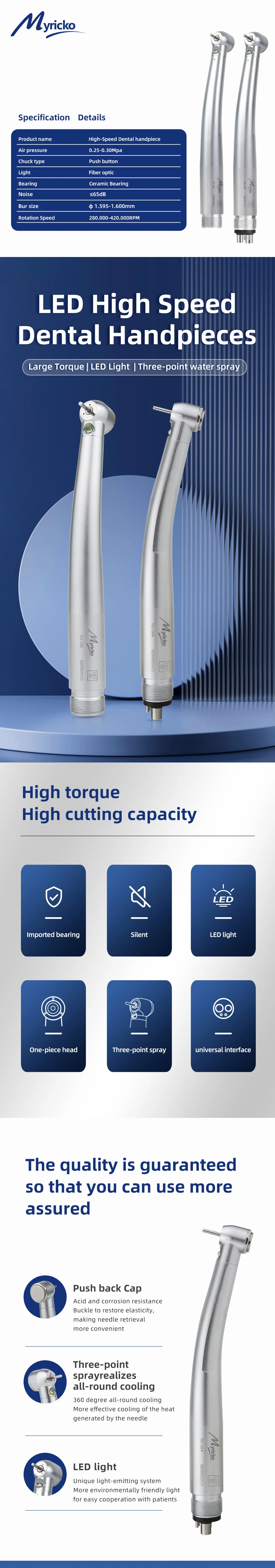 LED Dental Handpiece High Speed Push Button 3 Water Spray Light Ceramic Bearings Dentistry Tips Air Turbine High Rotation Pens