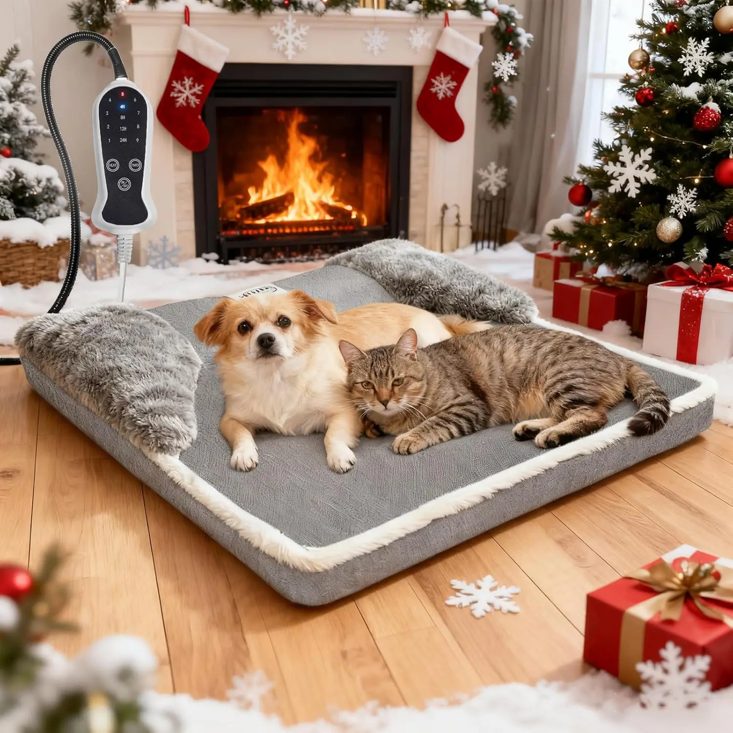 

20x20 Inch Heated Pet Bed with Adjustable Warmth, Removable Washable Cover, Non-Slip Bottom in Gray