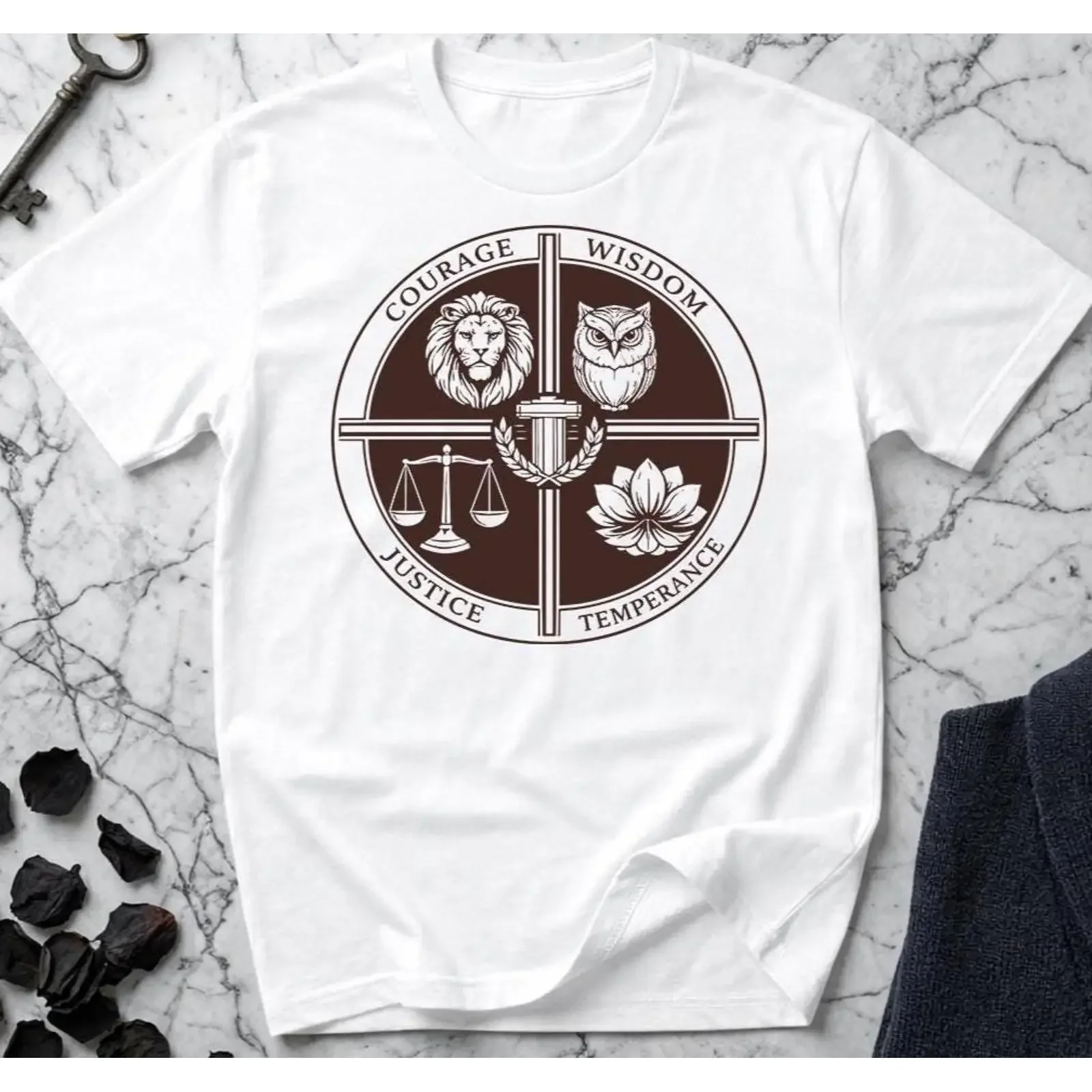 Four Virtues T Shirt Stoic Philosophy Courage Wisdom Justice Temperance Emblem  vintage Washed Soft streetwear