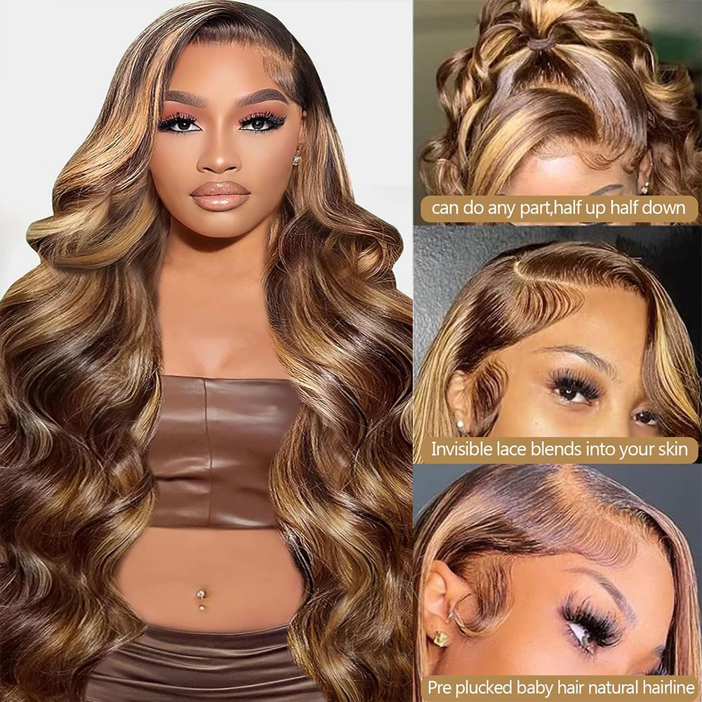 34 Inch Honey Blonde Ombre Body Wave Lace Front Wigs Human Hair 200 Density 4/27 Highlight 13x4 Lace Front Natural Black Wig Human Hair for Women Glueless Wigs Human Hair Pre Plucked HD Lace Frontal Wig