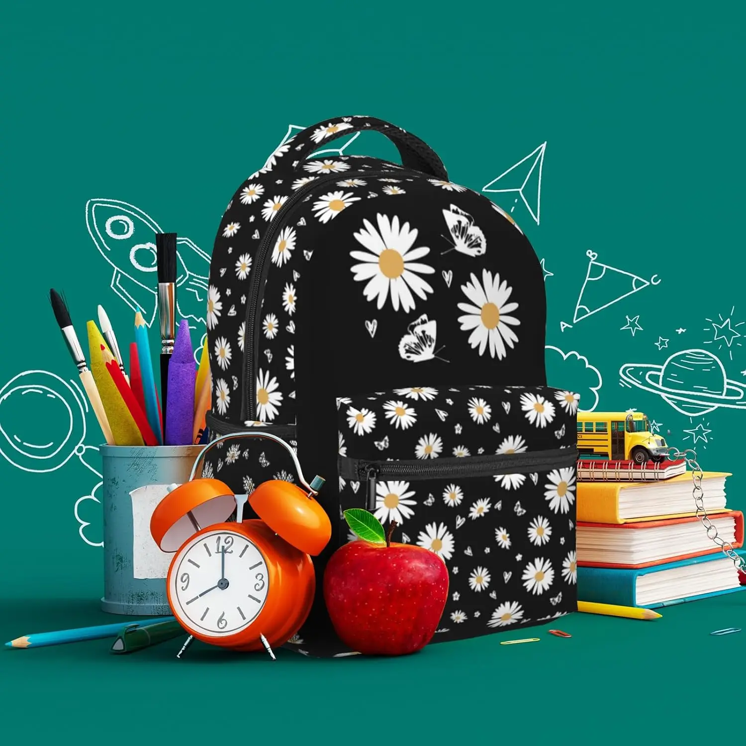 حقيبة ظهر مدرسية مطبوعة على شكل زهرة الأقحوان حقيبة كتب على شكل زهرة الأقحوان حقيبة كتب سوداء للفتيات حقيبة ظهر مطبوعة بالزهور للفتيات الابتدائية