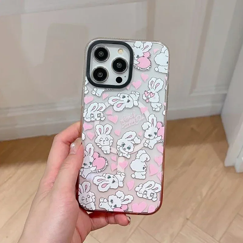 Bowknot Rabbit Pink Gradient Transparent Border iPhone 13 15 14 Pro Max Protective Case, Fits iPhone 15 Pro Max