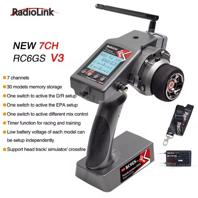 Radiolink-transmissor de rádio rc6gs v3, 7 canais, r7fg, r6fg, giroscópio telemetria, 600 metros lcd, para carro rc, barco, escalada