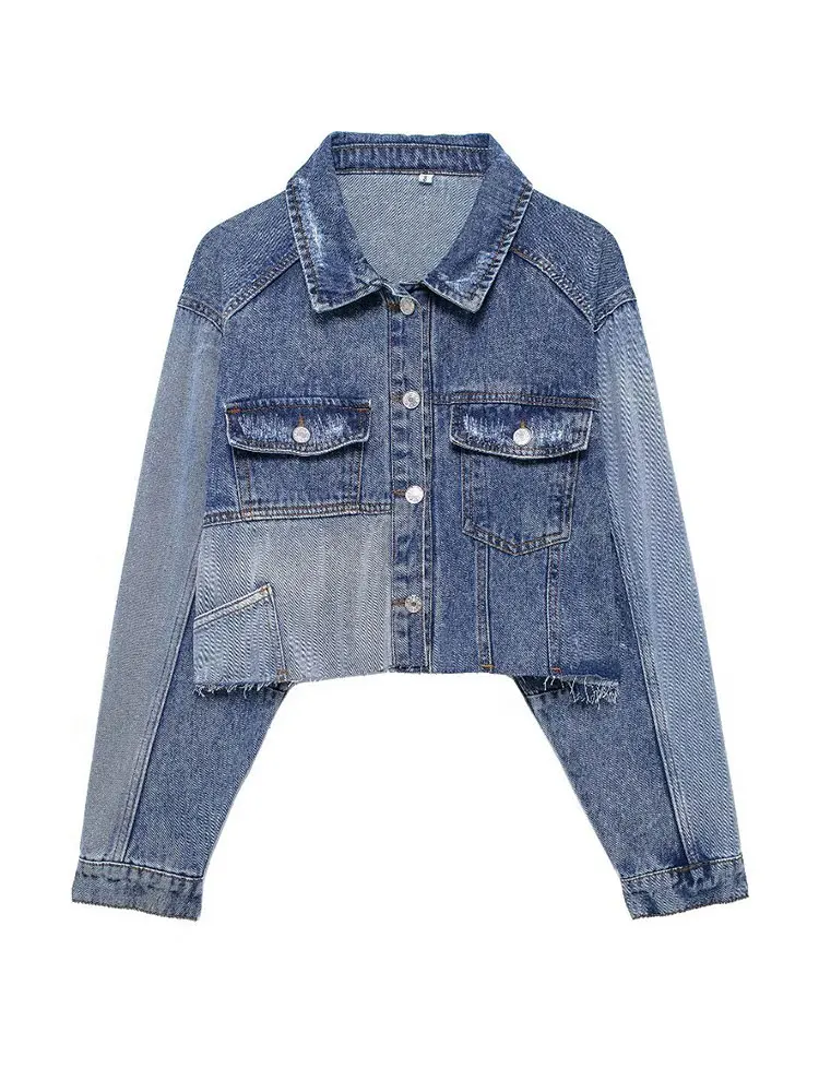 

TRAFZA 2024 Denim Coat Women Fashion Patchwork Loose Cropped Cardigan Top Female Chic Outerwear Women's Jacket Tops TRAF