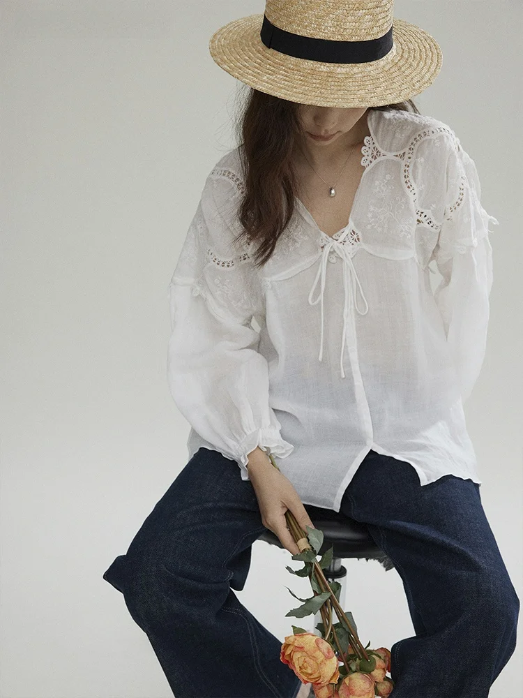 

Летняя льняная рубашка Joli Choose с длинным рукавом, ажурными вставками из кружева, свободного кроя, с защитой от солнца, с цветочным принтом, женская блузка