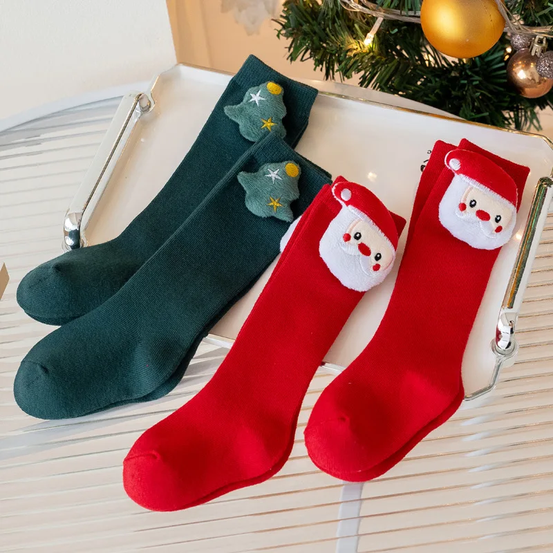 Baby Knee High Socks Fashion Cartoon Stretch Christmas Socks Autumn Winter Long Tube Xmas Cotton Socks Infant New Year Gifts