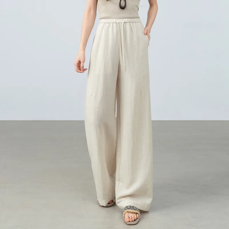 SENTUBILA Women's White Minimalist Wide Leg Pants 2026 Summer New Drawstring Waist Casual Loose Fit Straight Trousers 162KA5927