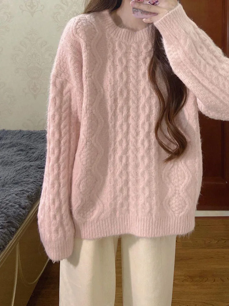 Zoki Women Pink Sweaters Japan Sweet Loose Vintage Knitted Pullovers Tops O Neck Long Sleeve Casual Female Autumn Retro Jumpers