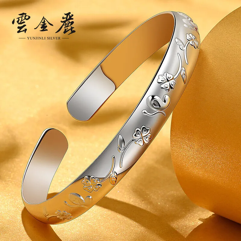 Yunjinli Silver Bracelet Female 999 Pure Silver Bracelet Young Fashion Silver Ornaments Clover Open-Ended Bracelet Gift Box Brac