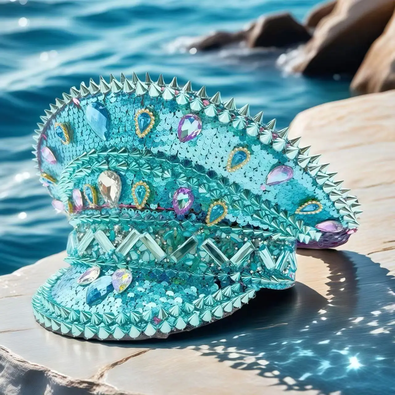 HongLuan – chapeau de Costume d'halloween bleu, chapeaux de capitaine en strass pour femme de Festival Burning Man, accessoires féminins de Cosplay