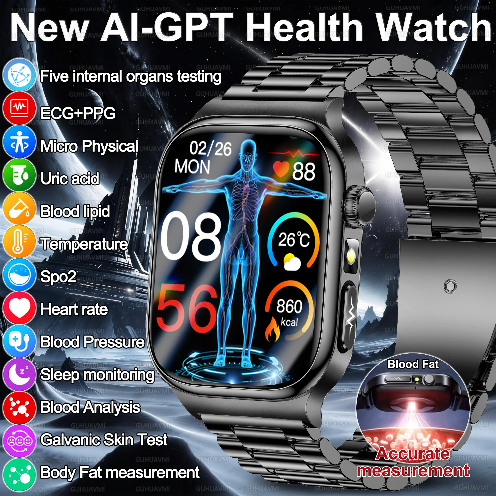 2026 New AI Diagosis ECG Health Smart Watch Men Accurate Measurement Blood Pressure Lipid Uric Acid Body Fat Smart watch For Men