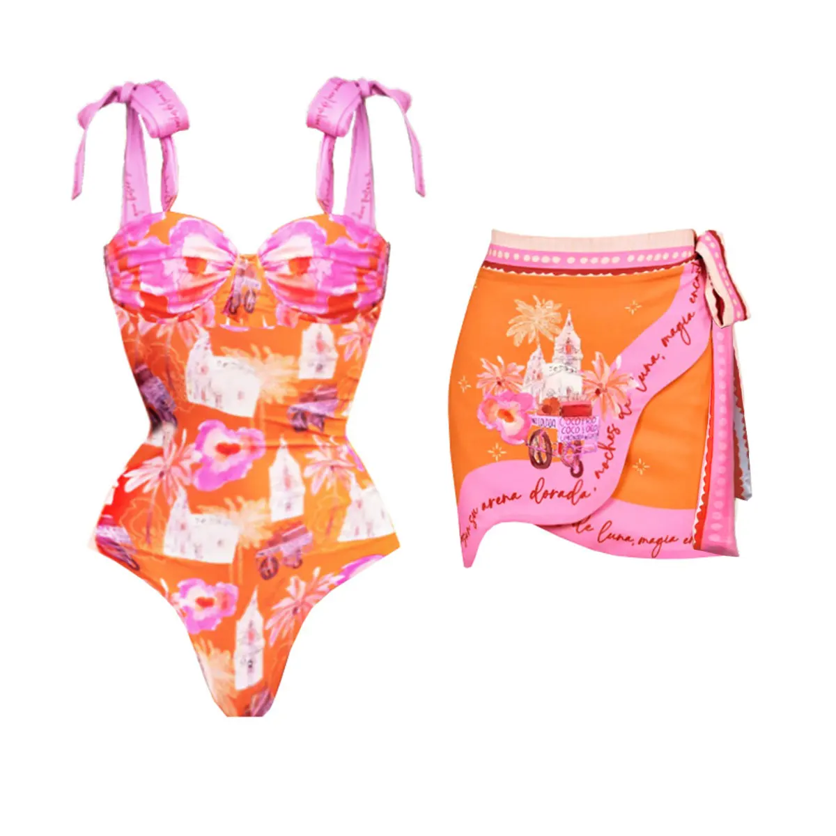 2026 New Retro Prints High Quality One Piece Swimsuit And Skirt Print Deep-V Lace-up Women Bikini Set Swimwear Bathing Suit