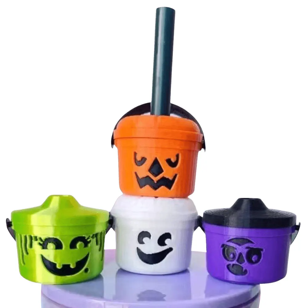 5pcs Halloween Buckets Straw Toppers Creative Funny Straw Decoration Multifunctional Pumpkin Bucket Straw Protector for Tumbler