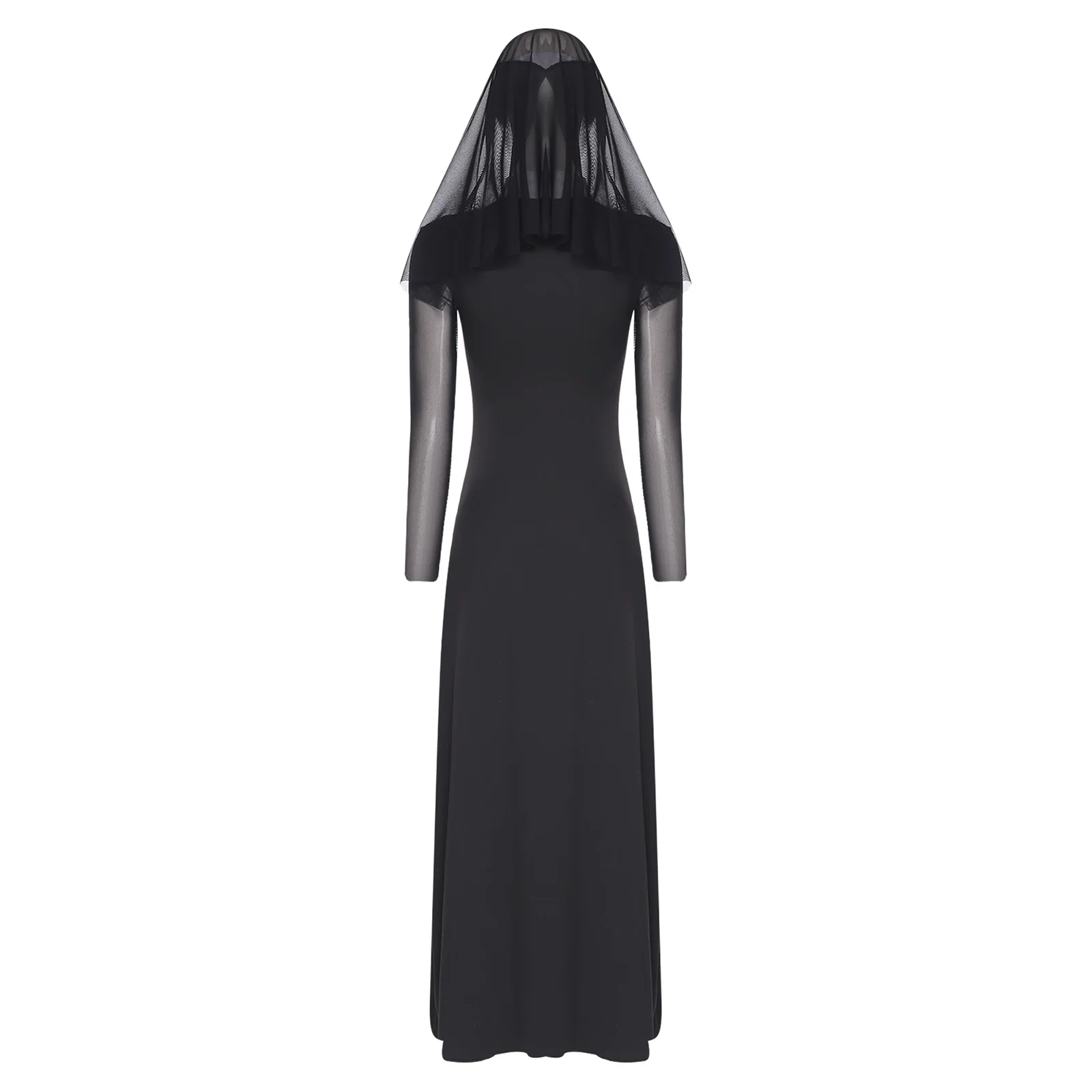 Womens Nun Cosplay Dress with Veil Cross Print Mesh Long Sleeve Slit Hem Dresses with Attached Veil Carnival Fancy Dress Ups view 4