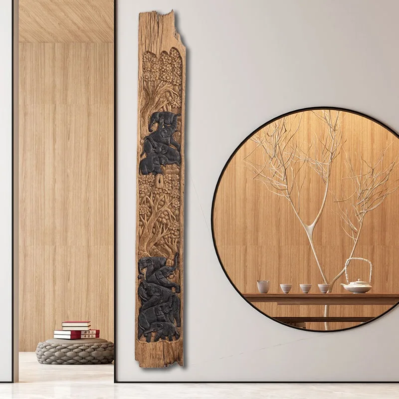 Wood carving elephant herd wall hanging board hanging painting wall decoration