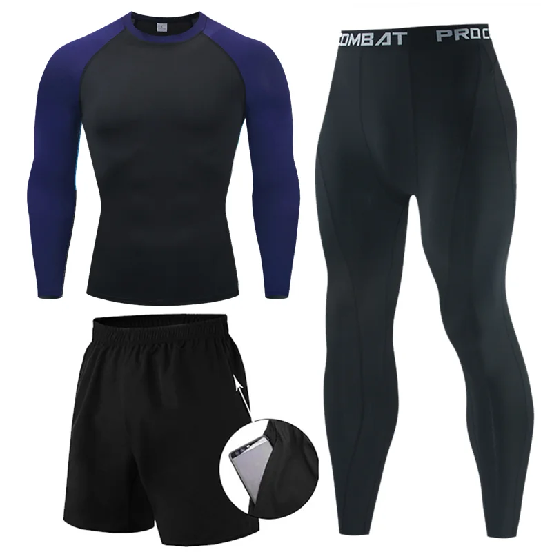 Men Running Sportswear Suit GYM Tight Sports Long Sleeves T-shirt Workout Jogging Fitness Tracksuit Pants Compression 3 Pcs Sets