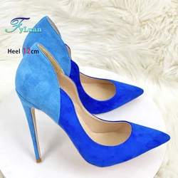 Elegant Fashion Women Singles Shoes 8CM 10CM 12CM Blue Patchwork High Heels Spring Autumn Faux Suede Party Office Female Pumps