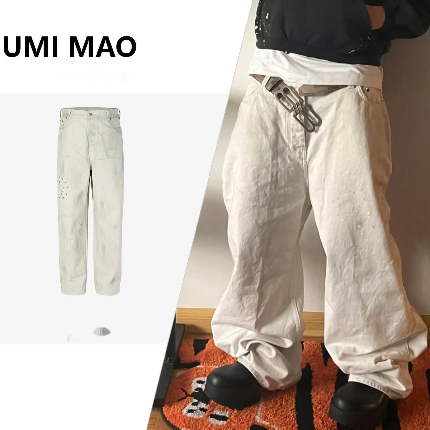 UMI MAO Paint Splatted Pants For Casual Urban Men And Women Same Style Korean Fashion Trendy Dirty White Silhouette Jeans Y2K