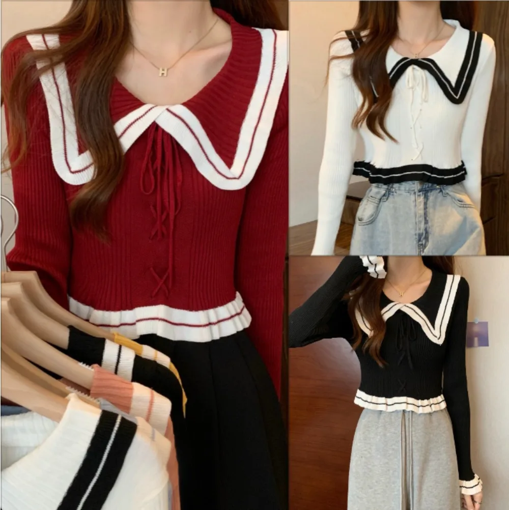 

Fashion Doll Collar Red Knitted Sweater Women Soft Short Style Patchwork Color Blocked Top Pullover Jumper