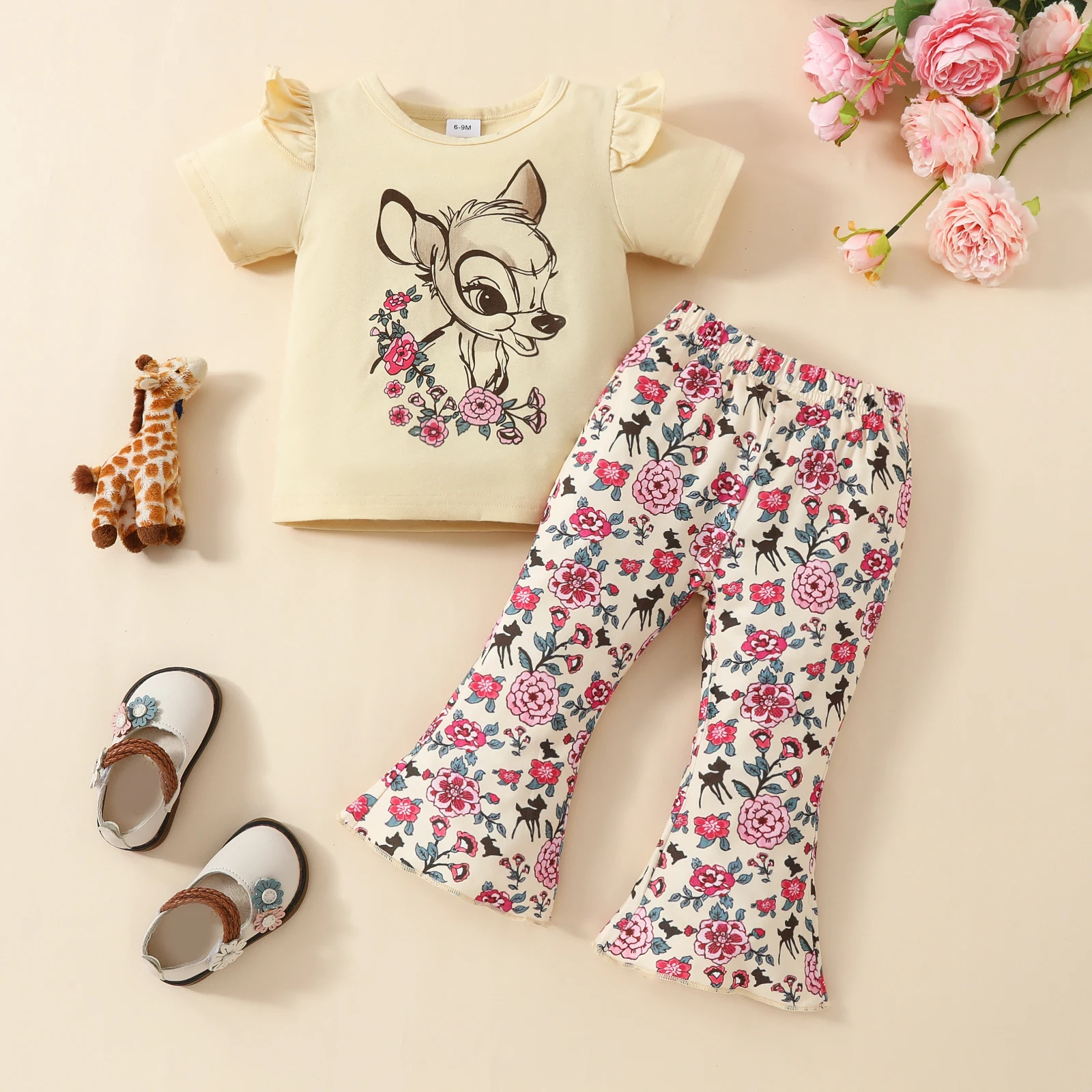 Summer baby baby girl cartoon deer print short sleeve top, full print flower bell-bottom pants comfortable cute set