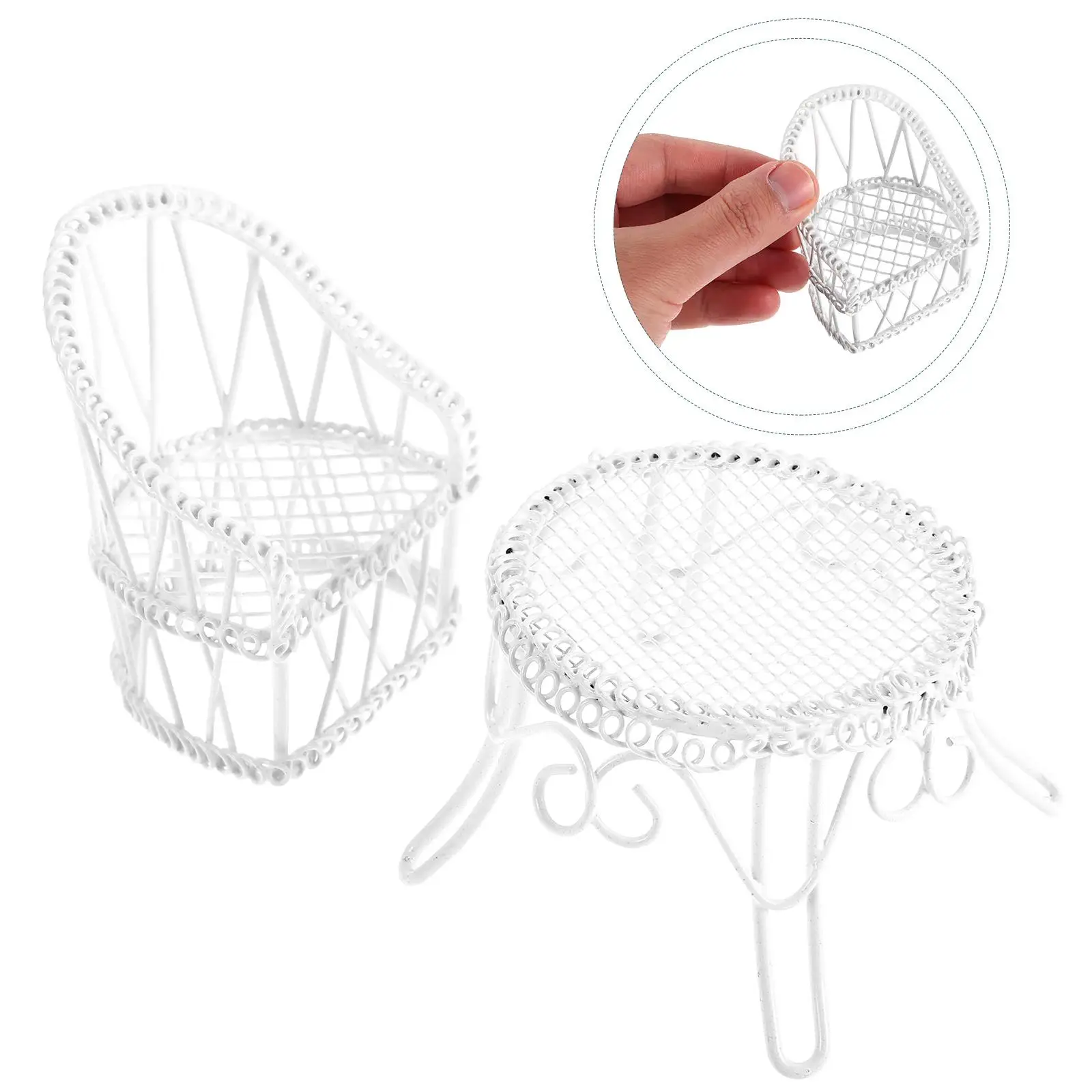 ミニチュアテーブルチェアセット、アイアンホワイト、ミニチュアドールハウス、ガーデン スツール、家具、おもちゃ、装飾、オフィスデスク小道具、寝室、ホームモデル、1セット