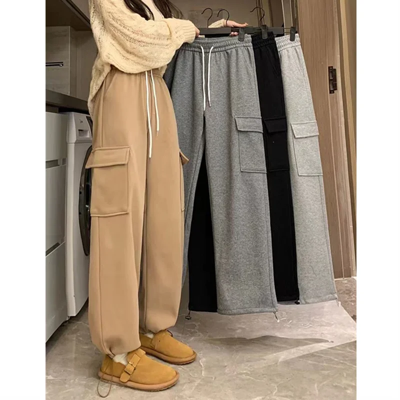 Plus Velvet Cargo Pants Women Men High Waist Drawstring Baggy Trousers Harajuku Big Pocket Oversized Pants Wide Leg Sweatpants