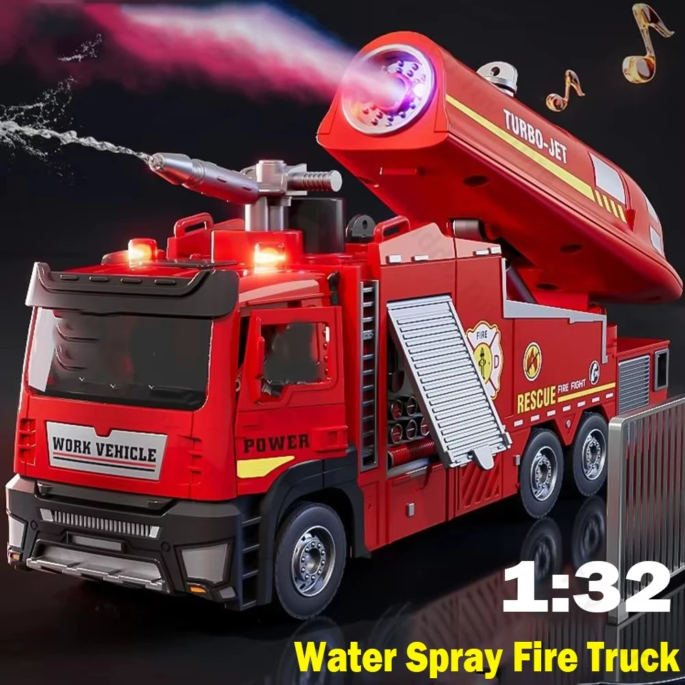 

1/32 Spray Fire Engineering Truck Car Toy Model Alloy Diecast Sound Light Rubber Tires Vehicle Collection Kids Toys Christmas