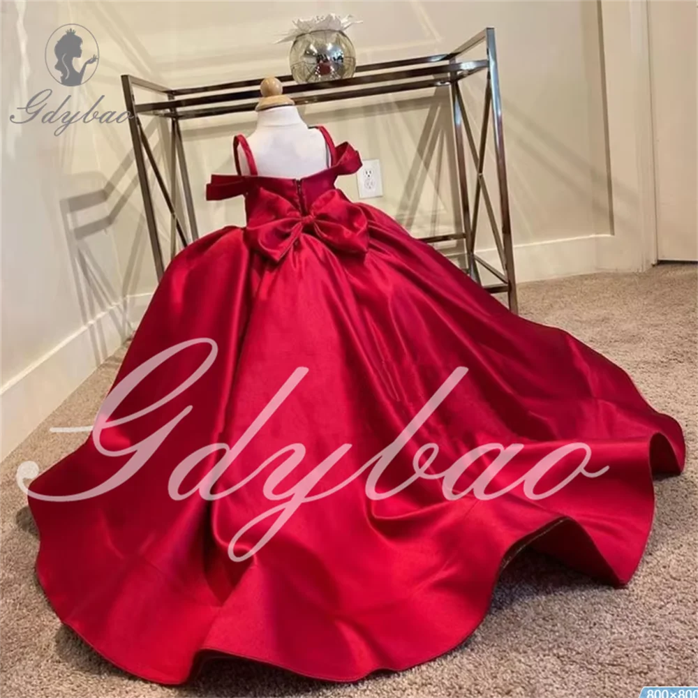 Red Stain Spaghetti Straps For Wedding With Long Train Flower Girls Dress Pageant Party Gown with Big Bows