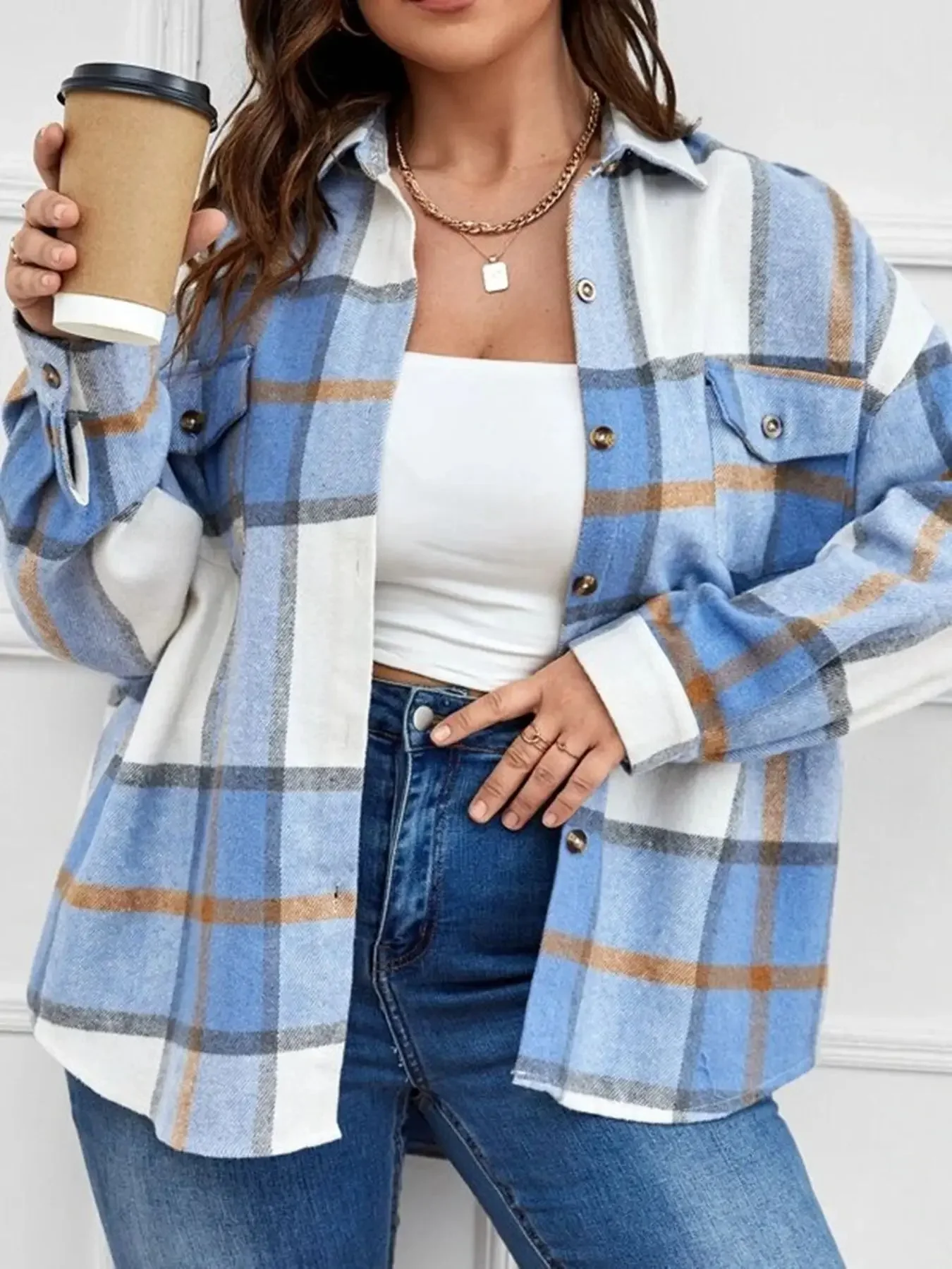 New Women's Plus Size Fashion Plaid Printed Long Sleeved Shirt with Buttons for Spring and Summer Ladies Casual Commuting Shirt