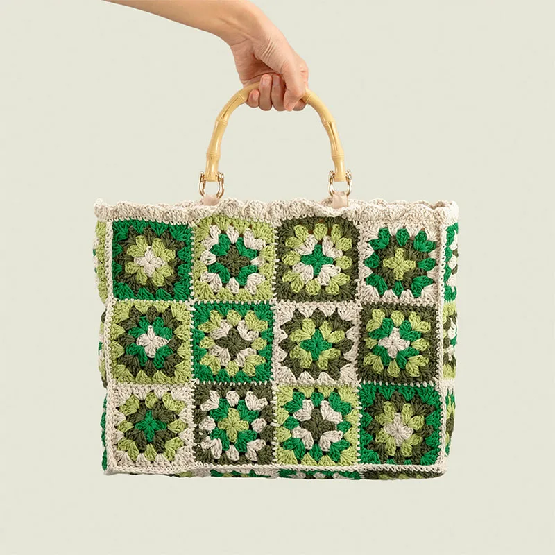 

Green Straw Woven Bag Women's Fashionable Ethnic Style Printed Design Handbag Summer Large Capacity Beach Bags Sac à Main Femme
