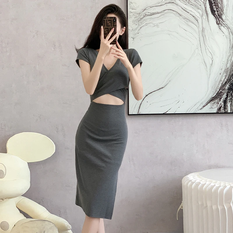 Women Solid Cut-out Reversible V-neck Casual Sheath Summer One-piece Midi Dress