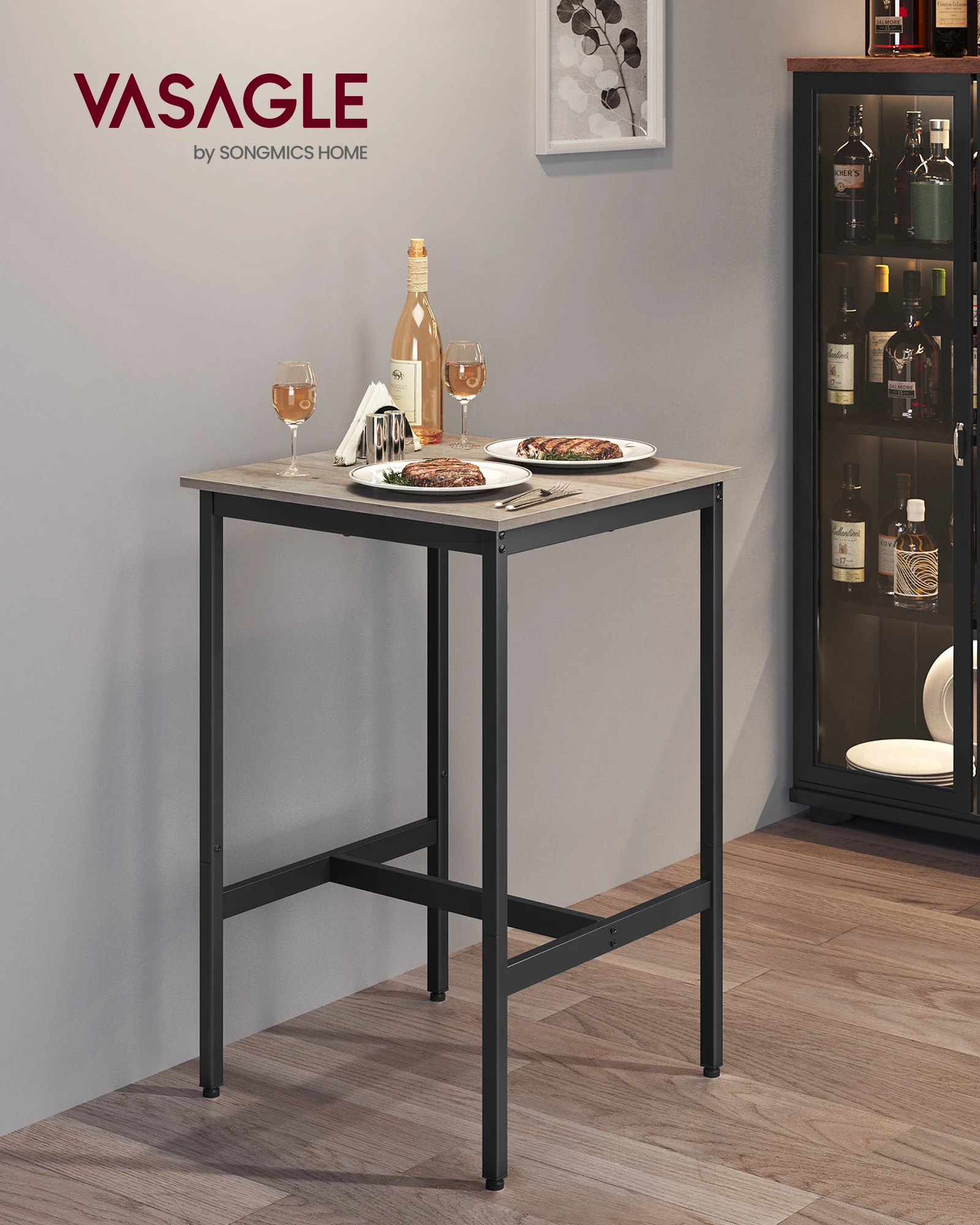 VASAGLE Table Haute, Table de Bar Carrée, Cadre en Acier, 60 x 60 x 92 cm, Montage Facile, pour Cuisine, Salon, Style Industriel