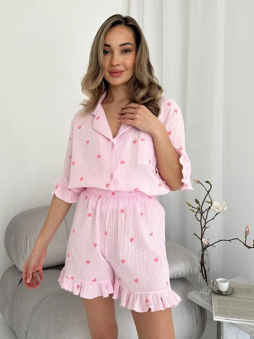 

Marthaqiqi Cotton Women Pajamas Suit Half Sleeve Nightgowns Sexy Turn-Down Collar Nightwear Shorts Casual Printing Home Clothes