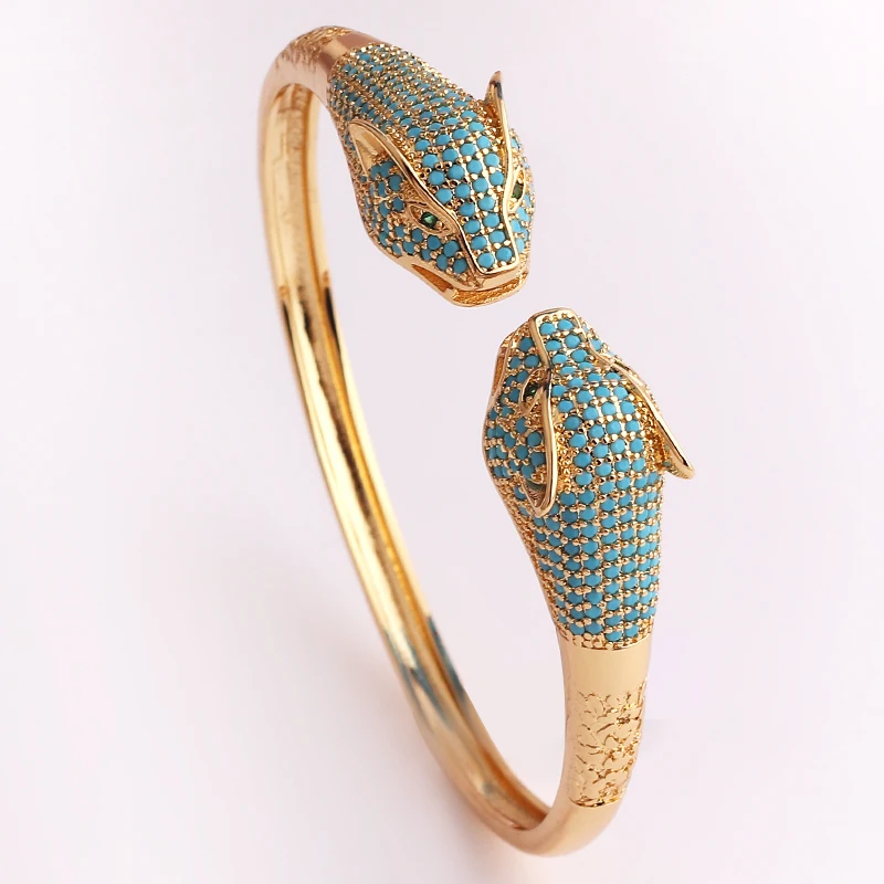 New Arrived Double Leopard Head Statement Bracelet Bangle for Women Grils Copper Metal Gold Plated Turquoise Animal Bracelet