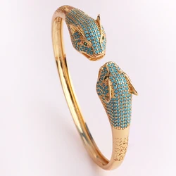 New Arrived Double Leopard Head Statement Bracelet Bangle for Women Grils Copper Metal Gold Plated Turquoise Animal Bracelet