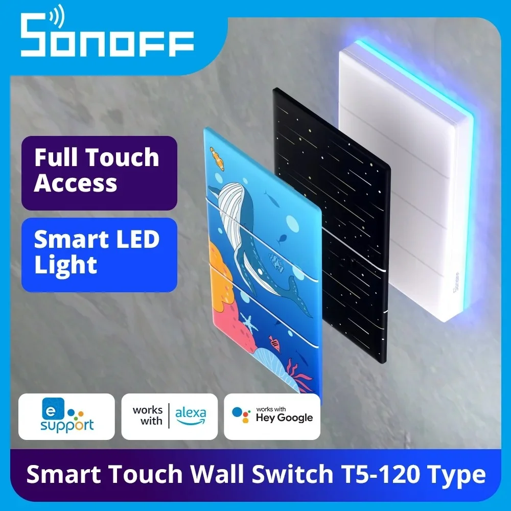 Interruptor de pared inteligente Wi-Fi SONOFF T5 120, tipo táctil completo, luz LED inteligente, hogar inteligente a través de eWeLink, compatible con Alexa y Google Home