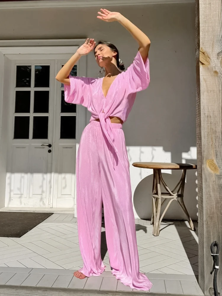 Jyate Pink Cross V-Neck Shirts And Pleated Trousers Two Pieces Sets Autumn 2024 Pleated Loose Vacation Outfits Women Pants Sets