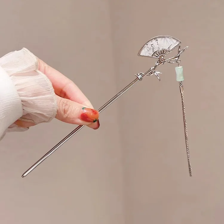 New Chinese Style Fan Design Hair Stick Elegant Tassel Updo Hairpin Vintage Oriental Hanfu Headdress For Women Daily Party Wear