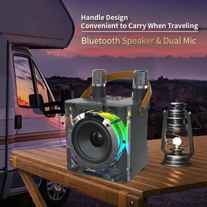 Bluetooth Speaker, Music Rhythm Light, Stereo Surround Sound, Wireless Subwoofer, Home Style Karaoke with Dual Microphones