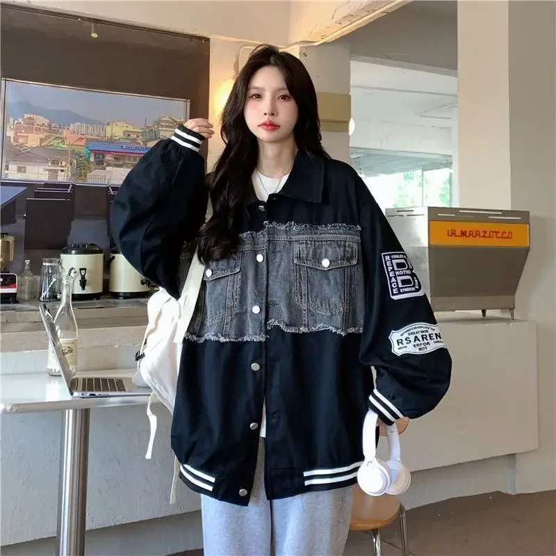 Denim Jacket Embroidered Baseball Uniforms Bomber Jackets Streetwear Harajuku Y2k Tops Trench Coats Hip Hop Long Sleeve Coats