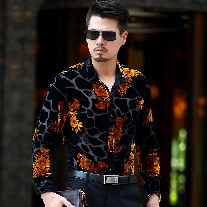 Floral Flocking Shirts For Men High-End Long Sleeve Fashion Slim Autumn Quality Velvet Hollow Breathable Luxury Camisa Masculina